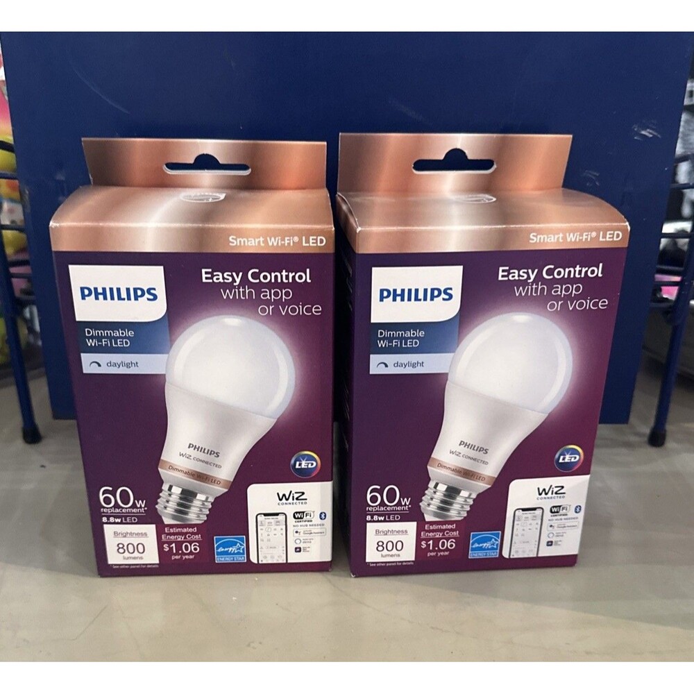 Philips Smart Wi-Fi LED 60W Lot Of 2 Light Bulb, Dimmable WiZ Connected NIB